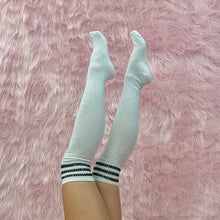 Load image into Gallery viewer, Bedazzled Black Striped Knee High Socks