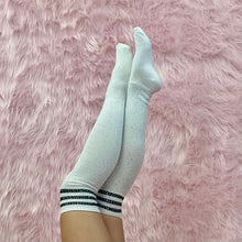 Load image into Gallery viewer, Bedazzled Black Striped Knee High Socks