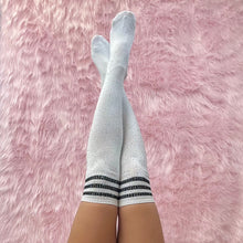 Load image into Gallery viewer, Bedazzled Black Striped Knee High Socks