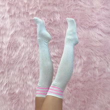 Load image into Gallery viewer, Bedazzled Pink Striped Knee High Socks